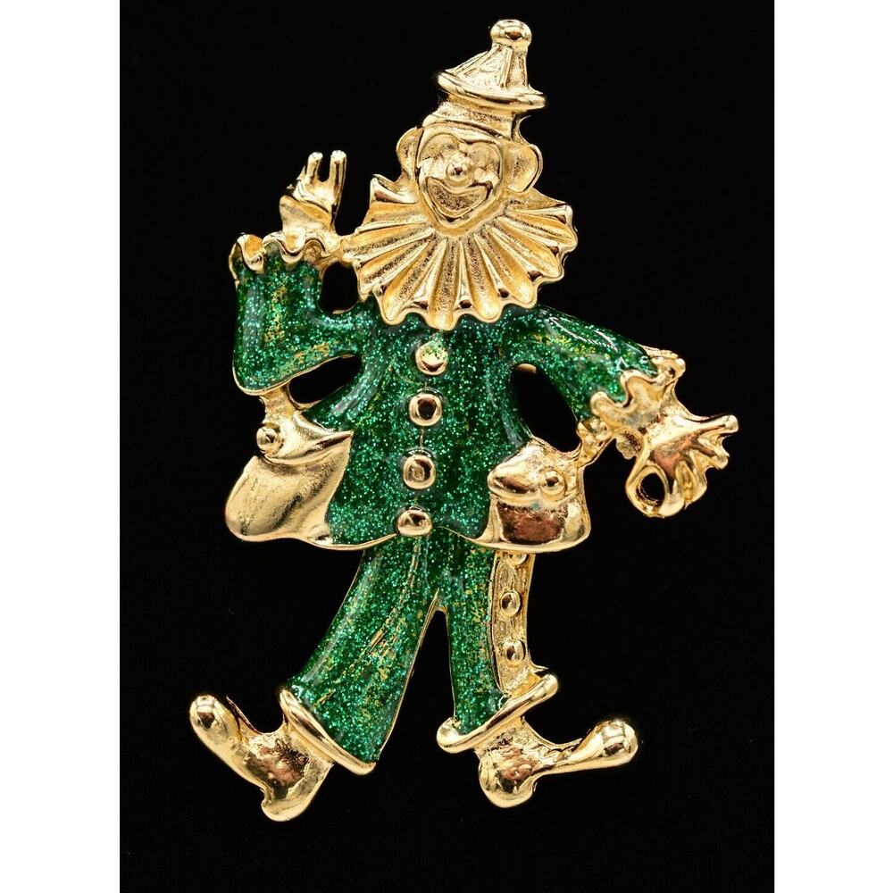Vintage Christmas Clown Pin Brooch Green Glitter Enamel Dangle Gold NOS 80s A19